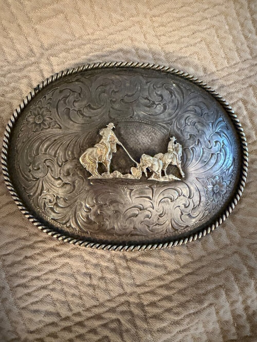 Montana Silversmiths Mens Belt Buckle Large Silver Plated Metal Calf Roping USA